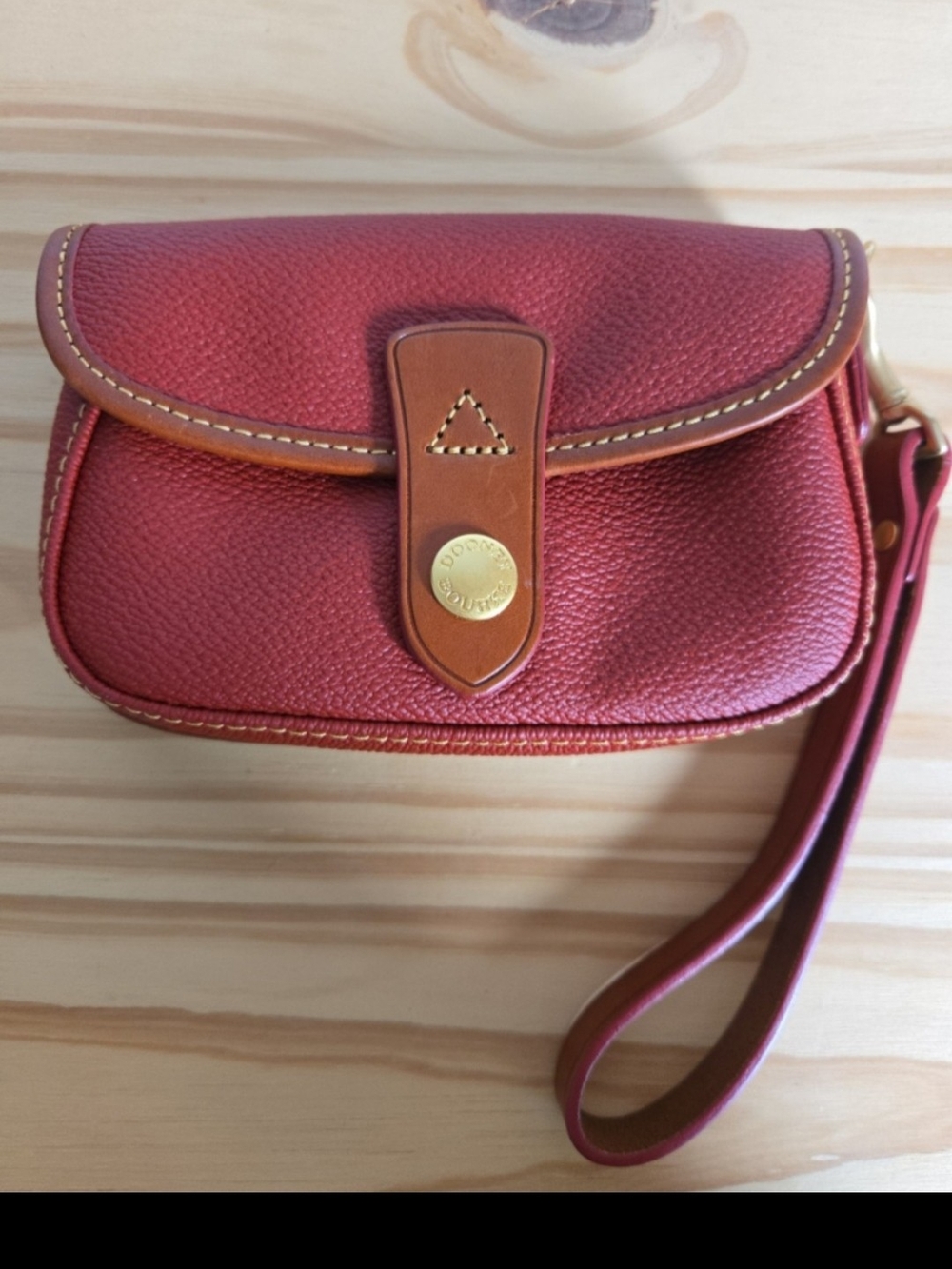 Dooney & Bourke Red Pebbled Leather Wristlet with Tan Trim